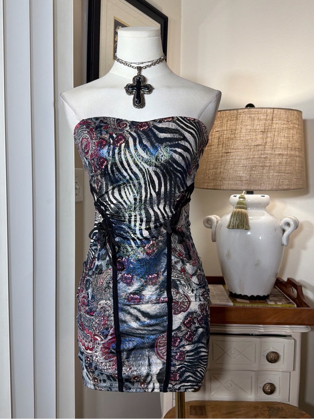 Janice Cut Out Strapless Zebra Print Mini Dress in Multicolor